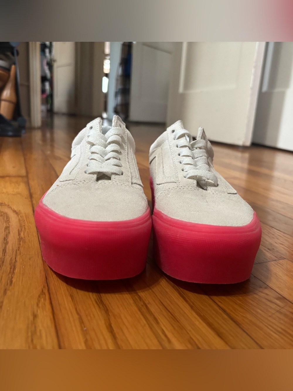 Vans White Suede Platform Sneakers with Pink Sole